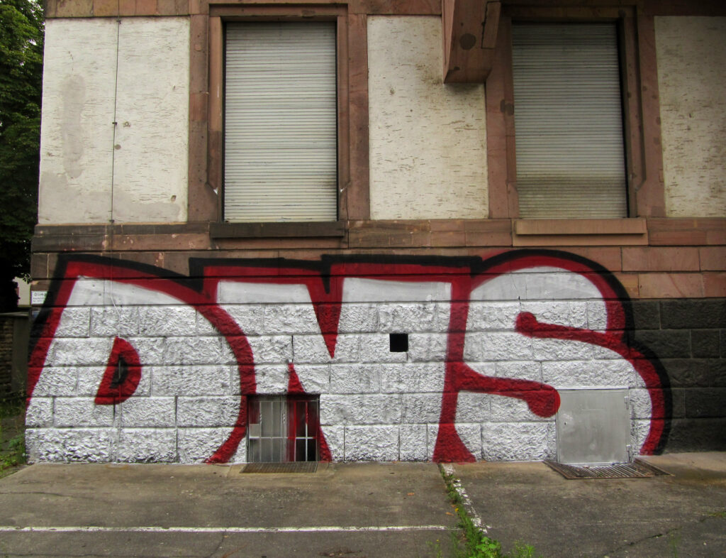 Graffiti an einer Hauswand mit dem Schriftzug DNS in großen Buchstaben