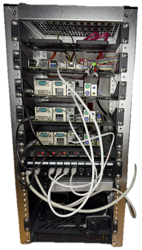 Ein Rack mit 12 Höheneinheiten und 10" Breite. Es sind 4 Rechner eingebaut, ein Einschub für Festplatten, Patchpanel und Stromversorgung